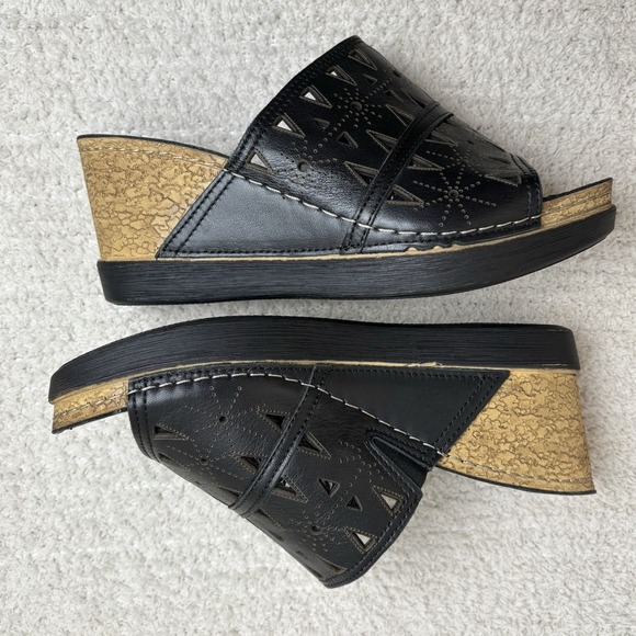 Spring Step Sandals Womens 38 7.5/8 Black Fusawedge Leather Wedge Heel Slip On - Picture 2 of 14